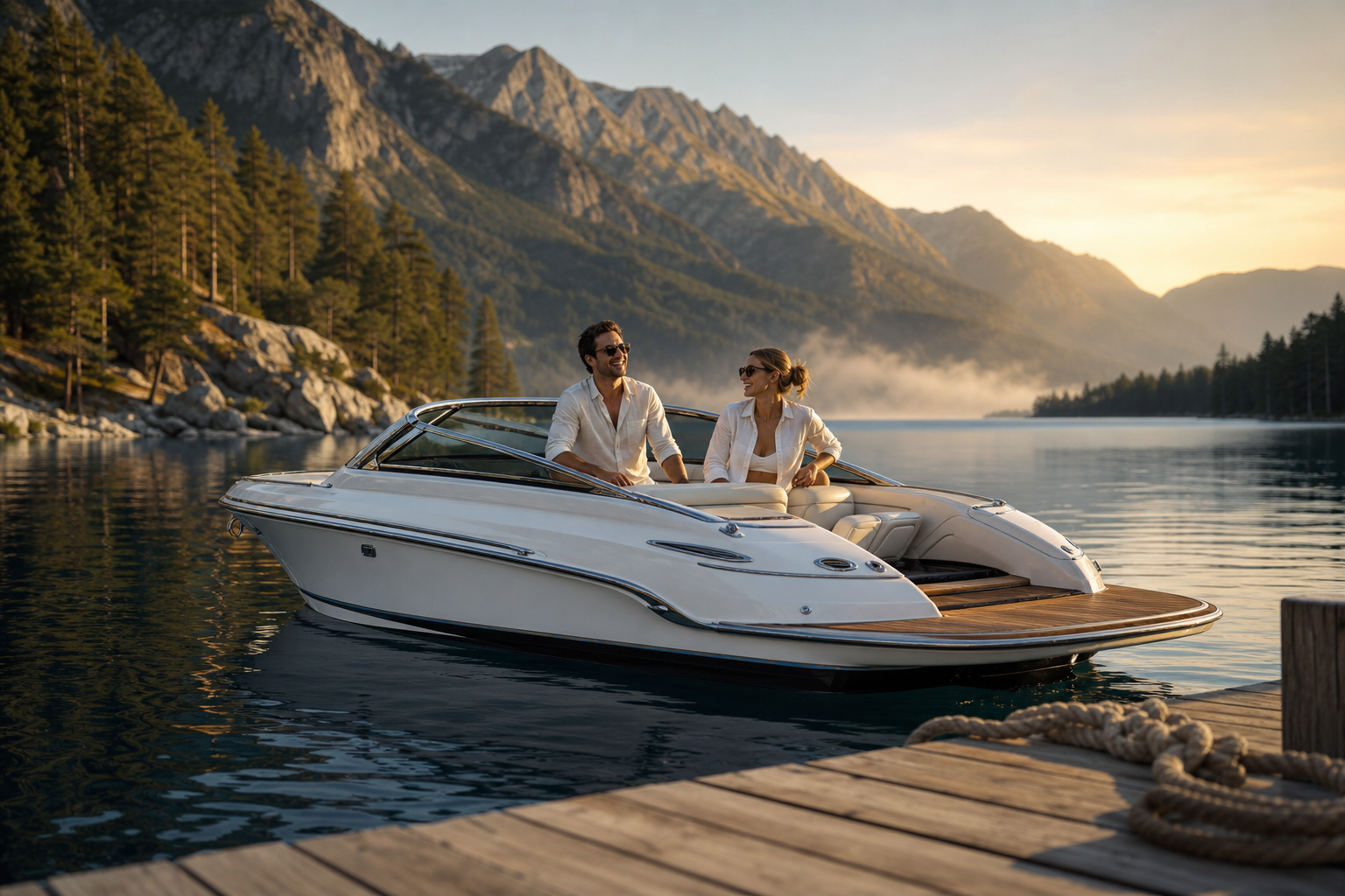 Day cruiser on a mountain lake at golden hour
